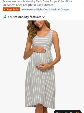 Maternity Sleeveless Striped Maternity Tank Dress in Light Gray & White